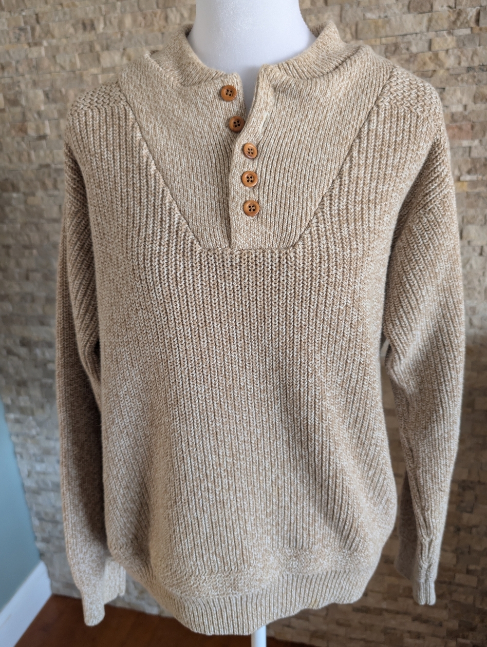 Cabela's Mens 100% Cotton Chunky Fisherman Knit Button Henley Pullover Sweater M